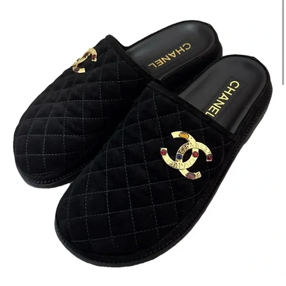 Chanel Black Quilted Slippers with Gold Logo - Picture 3 of 3
